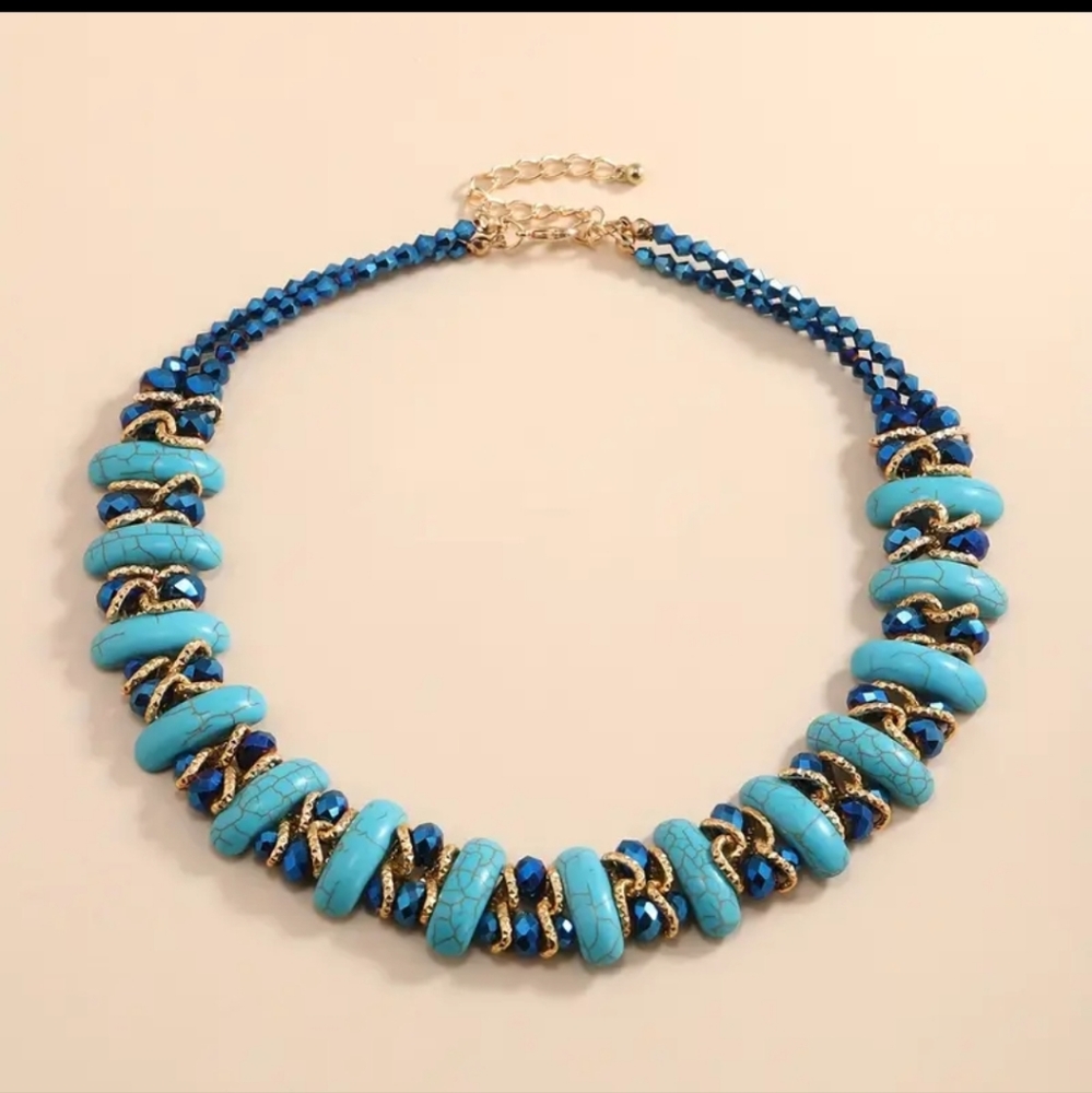 Boho Style Two Rows Crescent High - Quality Turquoise Crystal Necklace. - Picture 4 of 10